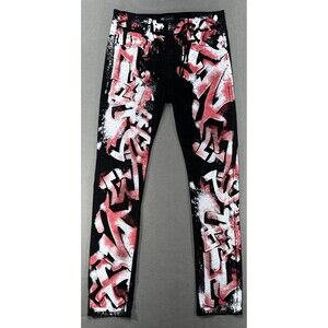 Waimea‎ Jeans Youth Sz 18 Black Skinny Grunge Paint Splatter Graffiti Gothic Emo